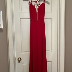 La Femme Red Sleeveless Gown with Plunge Neckline for Prom